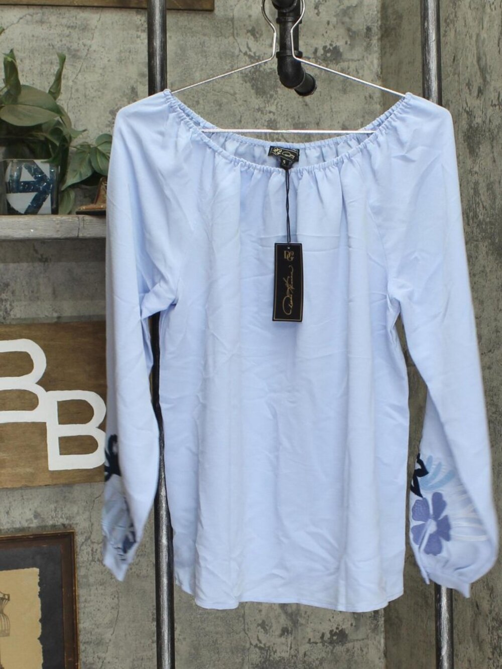 Dg2 Light Blue Embroidered Sleeve Off The Shoulder Pheasant Top Light Sz S